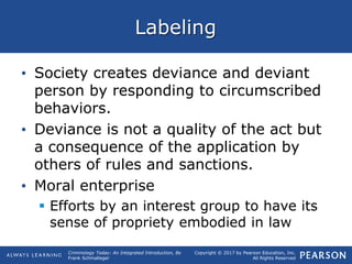 Copyright © 2017 by Pearson Education, Inc.
All Rights Reserved
Criminology Today: An Integrated Introduction, 8e
Frank Schmalleger
Labeling
• Society creates deviance and deviant
person by responding to circumscribed
behaviors.
• Deviance is not a quality of the act but
a consequence of the application by
others of rules and sanctions.
• Moral enterprise
 Efforts by an interest group to have its
sense of propriety embodied in law
 