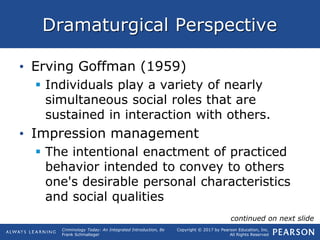 Copyright © 2017 by Pearson Education, Inc.
All Rights Reserved
Criminology Today: An Integrated Introduction, 8e
Frank Schmalleger
Dramaturgical Perspective
• Erving Goffman (1959)
 Individuals play a variety of nearly
simultaneous social roles that are
sustained in interaction with others.
• Impression management
 The intentional enactment of practiced
behavior intended to convey to others
one's desirable personal characteristics
and social qualities
continued on next slide
 