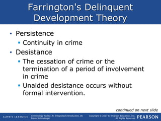 Copyright © 2017 by Pearson Education, Inc.
All Rights Reserved
Criminology Today: An Integrated Introduction, 8e
Frank Schmalleger
Farrington's Delinquent
Development Theory
• Persistence
 Continuity in crime
• Desistance
 The cessation of crime or the
termination of a period of involvement
in crime
 Unaided desistance occurs without
formal intervention.
continued on next slide
 