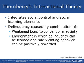 Copyright © 2017 by Pearson Education, Inc.
All Rights Reserved
Criminology Today: An Integrated Introduction, 8e
Frank Schmalleger
Thornberry's Interactional Theory
• Integrates social control and social
learning elements
• Delinquency caused by combination of:
 Weakened bond to conventional society
 Environment in which delinquency can
be learned and rule-violating behavior
can be positively rewarded
continued on next slide
 