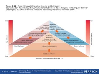 Copyright © 2017 by Pearson Education, Inc.
All Rights Reserved
Criminology Today: An Integrated Introduction, 8e
Frank Schmalleger
Figure 8–12 Three Pathways to Disruptive Behavior and Delinquency
Source: Barbara Tatem Kelley et al., Developmental Pathways in Boys’ Disruptive and Delinquent Behavior
(Washington, DC: Office of Juvenile Justice and Delinquency Prevention, December 1997).
 