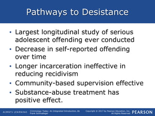 Copyright © 2017 by Pearson Education, Inc.
All Rights Reserved
Criminology Today: An Integrated Introduction, 8e
Frank Schmalleger
Pathways to Desistance
• Largest longitudinal study of serious
adolescent offending ever conducted
• Decrease in self-reported offending
over time
• Longer incarceration ineffective in
reducing recidivism
• Community-based supervision effective
• Substance-abuse treatment has
positive effect.
 
