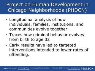 Copyright © 2017 by Pearson Education, Inc.
All Rights Reserved
Criminology Today: An Integrated Introduction, 8e
Frank Schmalleger
Project on Human Development in
Chicago Neighborhoods (PHDCN)
• Longitudinal analysis of how
individuals, families, institutions, and
communities evolve together
• Traces how criminal behavior evolves
from birth to age 32
• Early results have led to targeted
interventions intended to lower rates of
offending.
 