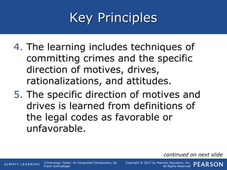 Copyright © 2017 by Pearson Education, Inc.
All Rights Reserved
Criminology Today: An Integrated Introduction, 8e
Frank Schmalleger
Key Principles
4. The learning includes techniques of
committing crimes and the specific
direction of motives, drives,
rationalizations, and attitudes.
5. The specific direction of motives and
drives is learned from definitions of
the legal codes as favorable or
unfavorable.
continued on next slide
 