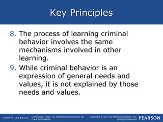 Copyright © 2017 by Pearson Education, Inc.
All Rights Reserved
Criminology Today: An Integrated Introduction, 8e
Frank Schmalleger
Key Principles
8. The process of learning criminal
behavior involves the same
mechanisms involved in other
learning.
9. While criminal behavior is an
expression of general needs and
values, it is not explained by those
needs and values.
 