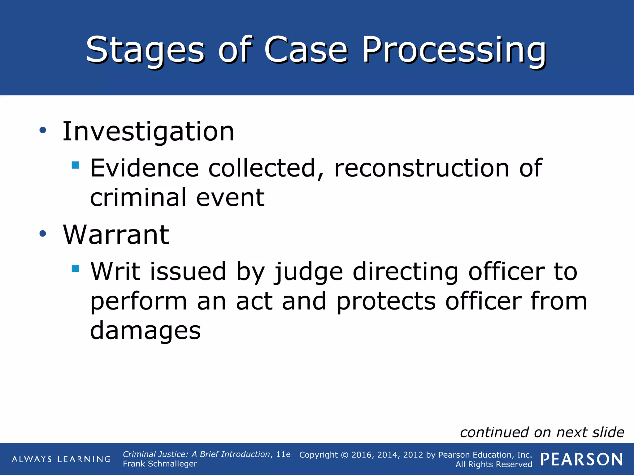 Copyright © 2016, 2014, 2012 by Pearson Education, Inc.
All Rights Reserved
Criminal Justice: A Brief Introduction, 11e
Frank Schmalleger
Stages of Case ProcessingStages of Case Processing
• Investigation
 Evidence collected, reconstruction of
criminal event
• Warrant
 Writ issued by judge directing officer to
perform an act and protects officer from
damages
continued on next slide
 
