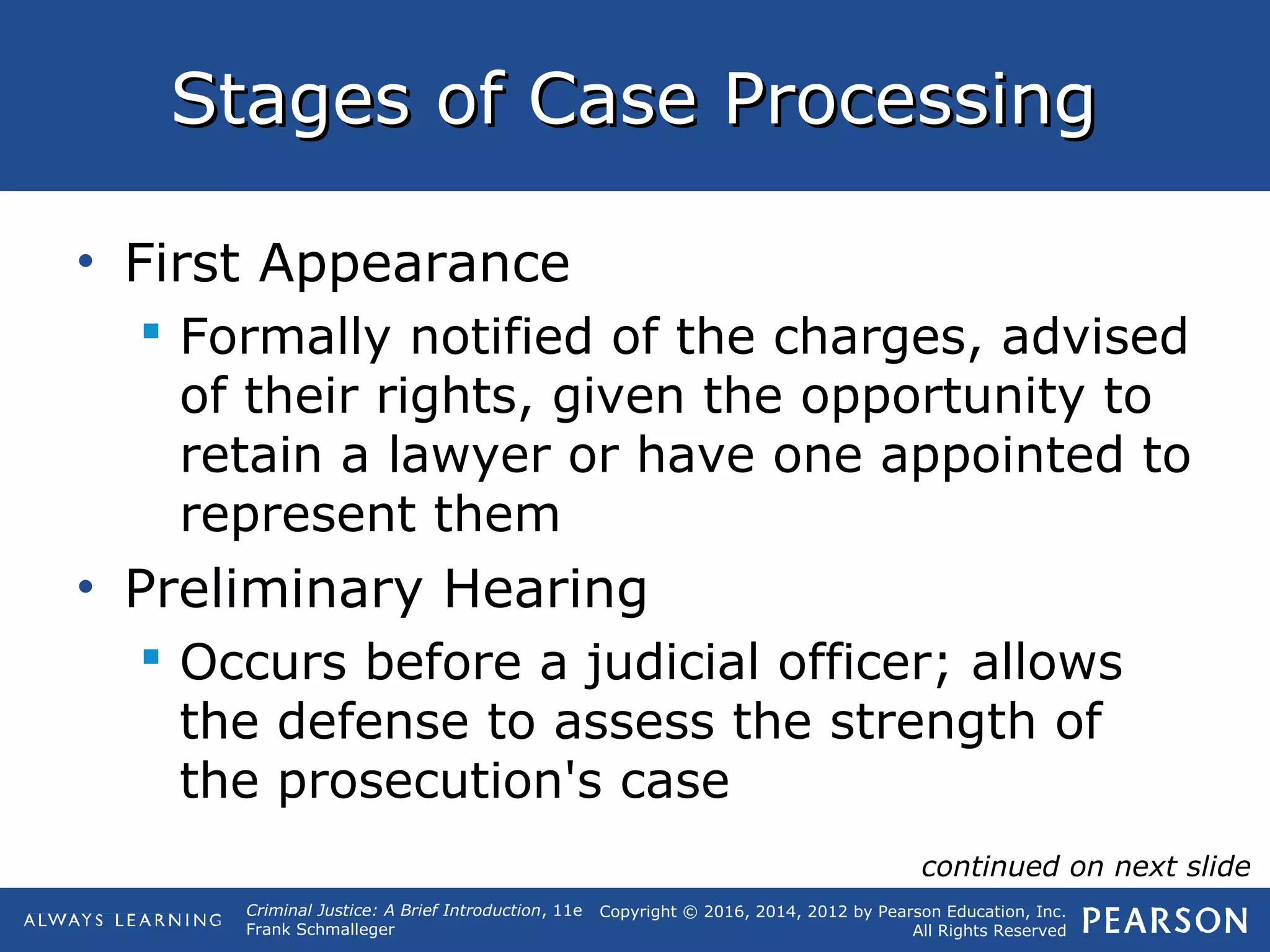 Copyright © 2016, 2014, 2012 by Pearson Education, Inc.
All Rights Reserved
Criminal Justice: A Brief Introduction, 11e
Frank Schmalleger
Stages of Case ProcessingStages of Case Processing
• First Appearance
 Formally notified of the charges, advised
of their rights, given the opportunity to
retain a lawyer or have one appointed to
represent them
• Preliminary Hearing
 Occurs before a judicial officer; allows
the defense to assess the strength of
the prosecution's case
continued on next slide
 