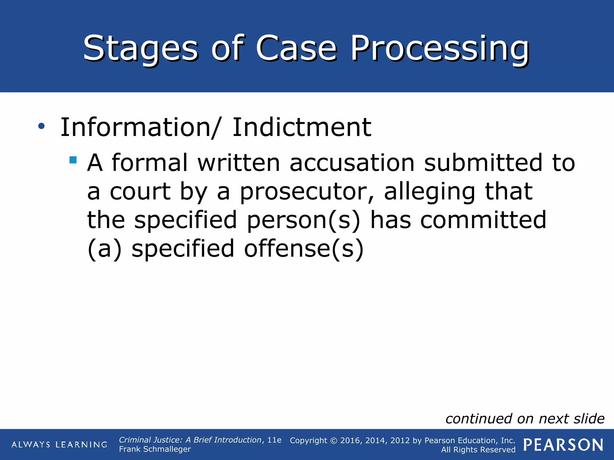 Copyright © 2016, 2014, 2012 by Pearson Education, Inc.
All Rights Reserved
Criminal Justice: A Brief Introduction, 11e
Frank Schmalleger
Stages of Case ProcessingStages of Case Processing
• Information/ Indictment
 A formal written accusation submitted to
a court by a prosecutor, alleging that
the specified person(s) has committed
(a) specified offense(s)
continued on next slide
 