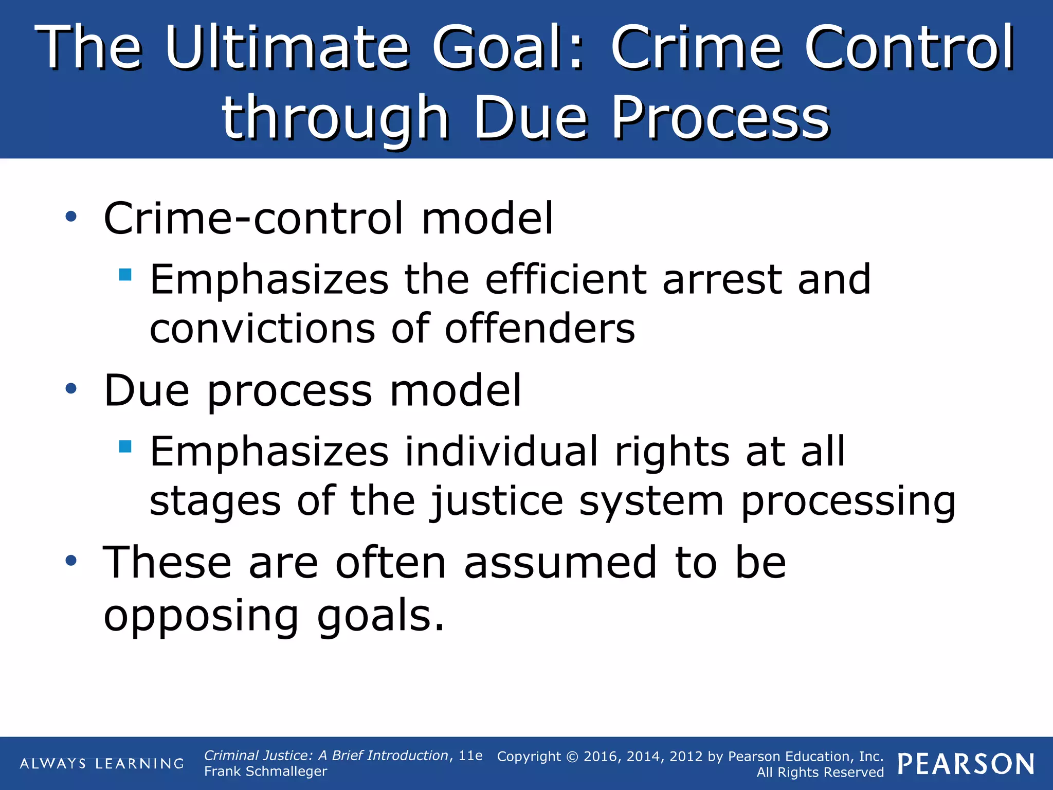 Copyright © 2016, 2014, 2012 by Pearson Education, Inc.
All Rights Reserved
Criminal Justice: A Brief Introduction, 11e
Frank Schmalleger
The Ultimate Goal: Crime ControlThe Ultimate Goal: Crime Control
through Due Processthrough Due Process
• Crime-control model
 Emphasizes the efficient arrest and
convictions of offenders
• Due process model
 Emphasizes individual rights at all
stages of the justice system processing
• These are often assumed to be
opposing goals.
 