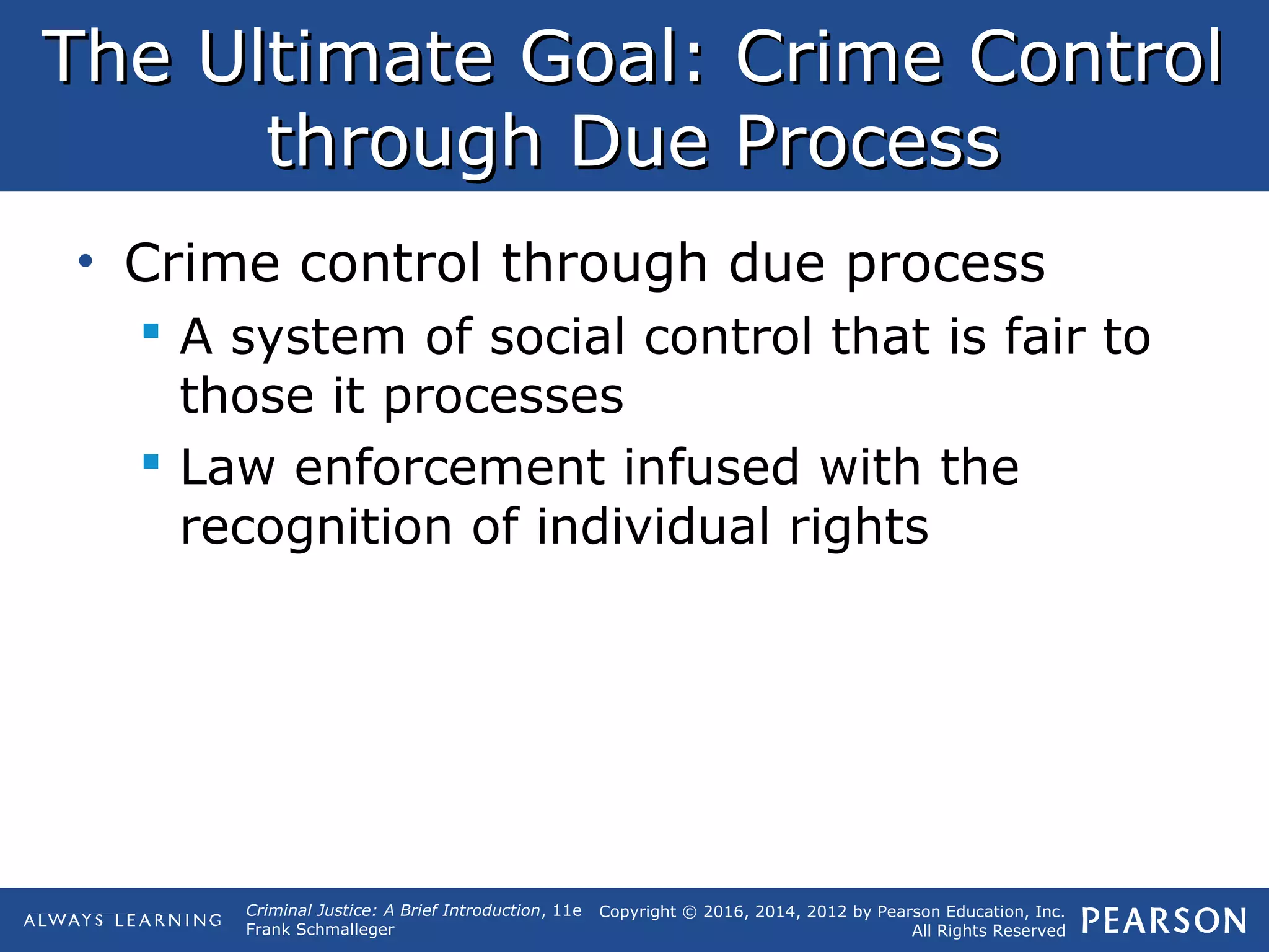 Copyright © 2016, 2014, 2012 by Pearson Education, Inc.
All Rights Reserved
Criminal Justice: A Brief Introduction, 11e
Frank Schmalleger
The Ultimate Goal: Crime ControlThe Ultimate Goal: Crime Control
through Due Processthrough Due Process
• Crime control through due process
 A system of social control that is fair to
those it processes
 Law enforcement infused with the
recognition of individual rights
 