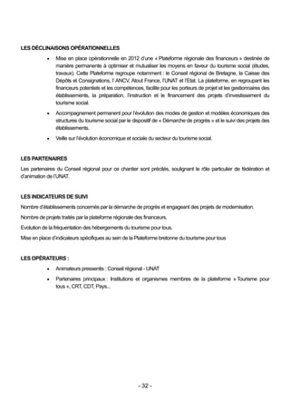 LES DÉCLINAISONS OPÉRATIONNELLES
               Mise en place opérationnelle en 2012 d’une « Plateforme régionale des financeurs » destinée de
                manière permanente à optimiser et mutualiser les moyens en faveur du tourisme social (études,
                travaux). Cette Plateforme regroupe notamment : le Conseil régional de Bretagne, la Caisse des
                Dépôts et Consignations, l’ ANCV, Atout France, l’UNAT et l’Etat. La plateforme, en regroupant les
                financeurs potentiels et les compétences, facilite pour les porteurs de projet et les gestionnaires des
                établissements, la préparation, l’instruction et le financement des projets d’investissement du
                tourisme social.
               Accompagnement permanent pour l’évolution des modes de gestion et modèles économiques des
                structures du tourisme social par le dispositif de « Démarche de progrès » et le suivi des projets des
                établissements.
               Veille sur l’évolution économique et sociale du secteur du tourisme social.


LES PARTENAIRES
Les partenaires du Conseil régional pour ce chantier sont précités, soulignant le rôle particulier de fédération et
d’animation de l’UNAT.


LES INDICATEURS DE SUIVI
Nombre d’établissements concernés par la démarche de progrès et engageant des projets de modernisation.
Nombre de projets traités par la plateforme régionale des financeurs.
Evolution de la fréquentation des hébergements du tourisme pour tous.
Mise en place d’indicateurs spécifiques au sein de la Plateforme bretonne du tourisme pour tous


LES OPÉRATEURS :
               Animateurs pressentis : Conseil régional - UNAT
               Partenaires principaux : Institutions et organismes membres de la plateforme « Tourisme pour
                tous », CRT, CDT, Pays...




                                                       - 32 -
 