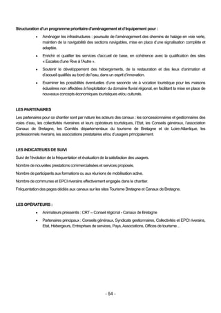 Structuration d’un programme prioritaire d'aménagement et d’équipement pour :
                Aménager les infrastructures : poursuite de l’aménagement des chemins de halage en voie verte,
                 maintien de la navigabilité des sections navigables, mise en place d’une signalisation complète et
                 adaptée.
                Enrichir et qualifier les services d'accueil de base, en cohérence avec la qualification des sites
                 « Escales d’une Rive à l’Autre ».
                Soutenir le développement des hébergements, de la restauration et des lieux d’animation et
                 d’accueil qualifiés au bord de l’eau, dans un esprit d’innovation.
                Examiner les possibilités éventuelles d’une seconde vie à vocation touristique pour les maisons
                 éclusières non affectées à l’exploitation du domaine fluvial régional, en facilitant la mise en place de
                 nouveaux concepts économiques touristiques et/ou culturels.


LES PARTENAIRES
Les partenaires pour ce chantier sont par nature les acteurs des canaux : les concessionnaires et gestionnaires des
voies d’eau, les collectivités riveraines et leurs opérateurs touristiques, l’Etat, les Conseils généraux, l’association
Canaux de Bretagne, les Comités départementaux du tourisme de Bretagne et de Loire-Atlantique, les
professionnels riverains, les associations prestataires et/ou d’usagers principalement.


LES INDICATEURS DE SUIVI
Suivi de l’évolution de la fréquentation et évaluation de la satisfaction des usagers.
Nombre de nouvelles prestations commercialisées et services proposés.
Nombre de participants aux formations ou aux réunions de mobilisation active.
Nombre de communes et EPCI riverains effectivement engagés dans le chantier.
Fréquentation des pages dédiés aux canaux sur les sites Tourisme Bretagne et Canaux de Bretagne.


LES OPÉRATEURS :
                Animateurs pressentis : CRT – Conseil régional - Canaux de Bretagne
                Partenaires principaux : Conseils généraux, Syndicats gestionnaires, Collectivités et EPCI riverains,
                 Etat, Hébergeurs, Entreprises de services, Pays, Associations, Offices de tourisme…




                                                         - 54 -
 