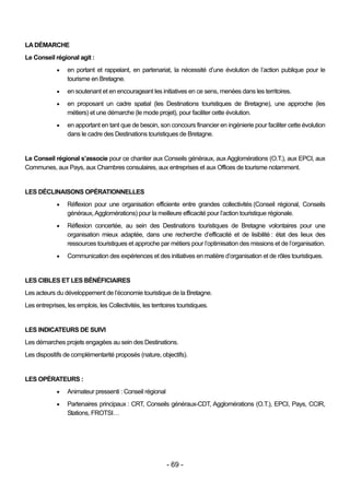 LA DÉMARCHE
Le Conseil régional agit :
                 en portant et rappelant, en partenariat, la nécessité d’une évolution de l’action publique pour le
                  tourisme en Bretagne.
                 en soutenant et en encourageant les initiatives en ce sens, menées dans les territoires.
                 en proposant un cadre spatial (les Destinations touristiques de Bretagne), une approche (les
                  métiers) et une démarche (le mode projet), pour faciliter cette évolution.
                 en apportant en tant que de besoin, son concours financier en ingénierie pour faciliter cette évolution
                  dans le cadre des Destinations touristiques de Bretagne.


Le Conseil régional s’associe pour ce chantier aux Conseils généraux, aux Agglomérations (O.T.), aux EPCI, aux
Communes, aux Pays, aux Chambres consulaires, aux entreprises et aux Offices de tourisme notamment.


LES DÉCLINAISONS OPÉRATIONNELLES
                 Réflexion pour une organisation efficiente entre grandes collectivités (Conseil régional, Conseils
                  généraux, Agglomérations) pour la meilleure efficacité pour l’action touristique régionale.
                 Réflexion concertée, au sein des Destinations touristiques de Bretagne volontaires pour une
                  organisation mieux adaptée, dans une recherche d’efficacité et de lisibilité : état des lieux des
                  ressources touristiques et approche par métiers pour l’optimisation des missions et de l’organisation.
                 Communication des expériences et des initiatives en matière d’organisation et de rôles touristiques.


LES CIBLES ET LES BÉNÉFICIAIRES
Les acteurs du développement de l’économie touristique de la Bretagne.
Les entreprises, les emplois, les Collectivités, les territoires touristiques.


LES INDICATEURS DE SUIVI
Les démarches projets engagées au sein des Destinations.
Les dispositifs de complémentarité proposés (nature, objectifs).


LES OPÉRATEURS :
                 Animateur pressenti : Conseil régional
                 Partenaires principaux : CRT, Conseils généraux-CDT, Agglomérations (O.T.), EPCI, Pays, CCIR,
                  Stations, FROTSI…




                                                            - 69 -
 