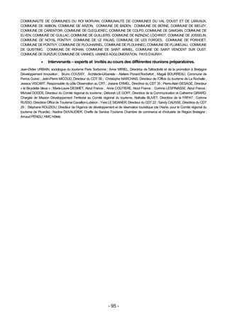 COMMUNAUTE DE COMMUNES DU ROI MORVAN, COMMUNAUTE DE COMMUNES DU VAL D'OUST ET DE LANVAUX,
COMMUNE DE AMBON, COMMUNE DE ARZON, COMMUNE DE BADEN, COMMUNE DE BERNE, COMMUNE DE BIEUZY,
COMMUNE DE CARENTOIR, COMMUNE DE CLEGUEREC, COMMUNE DE COLPO, COMMUNE DE DAMGAN, COMMUNE DE
ELVEN, COMMUNE DE GUILLAC, COMMUNE DE GUILLIERS, COMMUNE DE INZINZAC LOCHRIST, COMMUNE DE JOSSELIN,
COMMUNE DE NOYAL PONTIVY, COMMUNE DE LE PALAIS, COMMUNE DE LES FORGES, COMMUNE DE PORHOET,
COMMUNE DE PONTIVY, COMMUNE DE PLOUHARNEL, COMMUNE DE PLOUHINEC, COMMUNE DE PLUMELIAU, COMMUNE
DE QUISTINIC, COMMUNE DE ROHAN, COMMUNE DE SAINT ARMEL, COMMUNE DE SAINT VENCENT SUR OUST,
COMMUNE DE SURZUR, COMMUNE DE VANNES, VANNES AGGLOMERATION, PAYS D’AURAY.

                  Intervenants – experts et invités au cours des différentes réunions préparatoires.
Jean-Didier URBAIN, sociologue du tourisme Paris Sorbonne ; Anne MIRIEL, Directrice de l'attractivité et de la promotion à Bretagne
Développement Innovation ; Bruno COUSSY, Architecte-Urbaniste - Ateliers Ponant Rochefort ; Magali BOURREAU, Commune de
Perros Guirec ; Jean-Pierre MICOUD, Directeur du CDT 56 ; Christophe MARCHAIS, Directeur de l’Office du tourisme de La Rochelle ;
Jessica VISCART, Responsable du pôle Observation au CRT ; Josiane ERMEL, Directrice du CDT 35 ; Pierre-Alain DESAGE, Directeur
« la Bicyclette bleue » ; Marie-Laure DESMET, Atout France ; Anne COUTIERE, Atout France ; Corinne LESPINASSE, Atout France ;
Michael DODDS, Directeur du Comité régional du tourisme ; Déborah LE GOFF, Directrice de la Communication et Catherine GIRARD,
Chargée de Mission Développement Territorial au Comité régional du tourisme, Nathalie BLIVET, Directrice de la FRPAT ; Corinne
RUSSO, Directrice Office de Tourisme Cavaillon-Lubéron ; Yves LE SIDANER, Directeur du CDT 22 ; Sandy CAUSSE, Directrice du CDT
29 ; Stéphane ROUZIOU, Directeur de l’Agence de développement et de réservation touristique (de l’Aisne, pour le Comité régional du
tourisme de Picardie) ; Nadine DUVAUDIER, Cheffe de Service Tourisme Chambre de commerce et d’industrie de Région Bretagne ;
Arnaud PENDU, HMC Hôtels




                                                             - 95 -
 