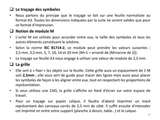  Le traçage des symboles
• Nous partons du principe que le traçage se fait sur une feuille normalisée au
format A3. Toutes les dimensions indiquées par la suite ne seront valides que pour
ce format d'impression.
 Notion de module M
• L'unité M est utilisée pour accorder entre eux, la taille des symboles et tous les
autres éléments constituant le schéma.
• Selon la norme IEC 81714-2, ce module peut prendre les valeurs suivantes :
2,5 mm, 3,5 mm, 5, 7, 10, 14 et 20 mm [M+1 = arrondi de (M×racine de 2)].
• Le traçage sur feuille A3 nous engage à utiliser une valeur de module de 2,5 mm.
 La grille
• Elle sert à « fixer » les objets sur la feuille. Cette grille aura un espacement de 1 M
soit 2,5mm ; elle vous sert de guide pour tracer des lignes mais aussi pour placer
les symboles de façon à les aligner entre eux, tout en respectant les proportions de
représentation.
• Si vous utilisez une CAO, la grille s'affiche en fond d'écran sur votre espace de
travail.
• Pour un traçage sur papier calque, il faudra d'abord imprimer un tracé
représentant des carreaux carrés de 2,5 mm de côté. Il suffit ensuite d'intercaler
cet imprimé en entre votre support (planche à dessin, table…) et le calque.
59
 