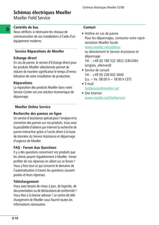 Schémas électriques Moeller
Moeller Field Service
Schémas électriques Moeller 02/08
0-10
0 Contrôle de bus
Nous vérifions si nécessaire les réseaux de
communication de vos installations à l’aide d’un
équipement moderne.
Service Réparations de Moeller
Echange direct
En cas de panne, le service d’Echange direct pour
les produits Moeller sélectionnés permet de
réduire de manière significative le temps d’immo-
bilisation de votre installation de production.
Réparations
La réparation des produits Moeller dans notre
Service-Center est une solution économique de
dépannage.
Moeller Online Service
Recherche des pannes en ligne
Un service d’assistance spécial pour l’analyse et la
correction des pannes sur nos produits. Vous avez
la possibilité d’obtenir par Internet la recherche de
panne interactive grâce à l’accès direct à la base
de données du Service Assistance et dépannage
d'urgence de Moeller.
FAQ - Forum Aux Questions
Il y a des questions concernant nos produits que
les clients posent régulièrement à Moeller. Venez
profiter de nos réponses en allant sur ce forum !
Vous y lirez tout ce qui concerne le domaine de
l’automatisation à travers les questions souvent
posées et leurs réponses.
Téléchargement
Vous avez besoin de mises à jour, de logiciels, de
documentationoudedéclarationsdeconformité?
Vous êtes à la bonne adresse ! Le centre de télé-
chargement de Moeller vous fournit toutes les
informations nécessaires.
Contact
• Hotline en cas de panne
Pour les dépannages, contactez votre repré-
sentation Moeller locale
www.moeller.net/address
ou directement le Service Assistance et
dépannage
Tél. : +49 (0) 180 522 3822 (24h/24h)
(anglais, allemand)
• Service de conseil
Tél. : +49 (0) 228 602 3640
(Lu. – Ve. 08:00 h – 18:00 h CET)
• E-mail
fieldservice@moeller.net
• Site Internet
www.moeller.net/fieldservice
 