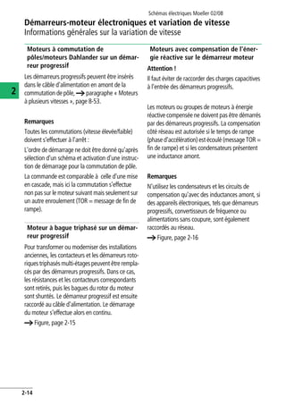 Démarreurs-moteur électroniques et variation de vitesse
Informations générales sur la variation de vitesse
Schémas électriques Moeller 02/08
2-14
2
Moteurs à commutation de
pôles/moteurs Dahlander sur un démar-
reur progressif
Les démarreurs progressifs peuvent être insérés
dans le câble d'alimentation en amont de la
commutation de pôle, a paragraphe « Moteurs
à plusieurs vitesses », page 8-53.
Remarques
Toutes les commutations (vitesse élevée/faible)
doivent s'effectuer à l'arrêt :
L'ordre de démarrage ne doit être donné qu'après
sélection d'un schéma et activation d'une instruc-
tion de démarrage pour la commutation de pôle.
La commande est comparable à celle d'une mise
en cascade, mais ici la commutation s'effectue
non pas sur le moteur suivant mais seulement sur
un autre enroulement (TOR = message de fin de
rampe).
Moteur à bague triphasé sur un démar-
reur progressif
Pour transformer ou moderniser des installations
anciennes, les contacteurs et les démarreurs roto-
riques triphasés multi-étages peuvent être rempla-
cés par des démarreurs progressifs. Dans ce cas,
les résistances et les contacteurs correspondants
sont retirés, puis les bagues du rotor du moteur
sont shuntés. Le démarreur progressif est ensuite
raccordé au câble d'alimentation. Le démarrage
du moteur s'effectue alors en continu.
a Figure, page 2-15
Moteurs avec compensation de l'éner-
gie réactive sur le démarreur moteur
Attention !
Il faut éviter de raccorder des charges capacitives
à l'entrée des démarreurs progressifs.
Les moteurs ou groupes de moteurs à énergie
réactive compensée ne doivent pas être démarrés
par des démarreurs progressifs. La compensation
côté réseau est autorisée si le temps de rampe
(phase d'accélération) est écoulé (message TOR =
fin de rampe) et si les condensateurs présentent
une inductance amont.
Remarques
N'utilisez les condensateurs et les circuits de
compensation qu'avec des inductances amont, si
des appareils électroniques, tels que démarreurs
progressifs, convertisseurs de fréquence ou
alimentations sans coupure, sont également
raccordés au réseau.
a Figure, page 2-16
 