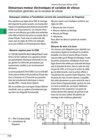 Démarreurs-moteur électroniques et variation de vitesse
Informations générales sur la variation de vitesse
Schémas électriques Moeller 02/08
2-22
2
Remarques relatives à l'installation correcte des convertisseurs de fréquence
Pour satisfaire aux règles de la CEM, le montage
doitrespecter lespoints suivants. Leschampsélec-
triquesetmagnétiquesperturbateurspeuventêtre
limités aux niveaux prescrits. Les mesures néces-
sairesnesontefficacesquesiellessontcombinées
entre elles et doivent être prises en compte dès la
phase d'étude. Toute mise en conformité ulté-
rieure avec les règles de CEM n'est réalisable
qu'au prix d'efforts et d'investissements élevés.
Mesures requises pour la CEM
La CEM (Compatibilité électromagnétique) carac-
térise à la fois l'aptitude d'un appareil à résister
aux perturbations électriques (immunité) et à ne
pas générer lui-même des perturbations par
rayonnement nuisibles à son environnement
(émission).
La normeproduit IEC/EN 61800-3 sur la CEM défi-
nit lesvaleurslimiteset lesprocéduresd'essairela-
tives à l'émission et à l'immunité aux perturba-
tions des entraînements électriques à vitesse
variable (PDS = Power Drives System).
Elle ne considère pas à cet égard chaque élément
constitutif, mais un système d'entraînement typi-
que dans son intégralité fonctionnelle.
Mesures visant à une installation conforme aux
règles de CEM :
• Mesures de mise à la terre
• Mesures relatives au blindage
• Mesures de filtrage
• Inductances.
Nous allons les décrire à présent de manière
détaillée.
Mesures de mise à la terre
Ces mesures sont obligatoires pour répondre aux
prescriptions légales et constituent la condition
préalable à la mise en œuvre efficace d'autres
mesurestellesquelefiltrageetleblindage.Toutes
les parties conductrices métalliques d'une enve-
loppe doivent être reliées par continuité électrique
avec le potentiel de terre. Dans le cadre de cette
mesure de CEM, ce n'est pas la section du câble
qui est déterminante, mais la surface offerte à
l'écoulement des courants haute fréquence. Tous
les points de mise à la terre doivent, si possible,
être reliés directement au point central de mise à
la terre (barre d'équipotentialité, système de mise
à la terre en étoile) par une liaison faiblement
impédante et très conductrice. Les points de
contact doivent être exempts de peinture et de
traces de corrosion (utiliser des platines de
montage et des matériaux galvanisés).
K1 = filtre d'antiparasitage
T1 = convertisseur de
fréquence
e
PE
K1T1 Tn Kn
PE
PE
M1
PE PE
M
3h
Mn
M
3h
 