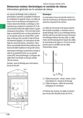 Démarreurs-moteur électroniques et variation de vitesse
Informations générales sur la variation de vitesse
Schémas électriques Moeller 02/08
2-24
2
Les mesures de blindage visent à réduire les
perturbations rayonnées susceptibles d'influencer
les installations et appareils voisins. Les câbles de
liaison entre le convertisseur de fréquence et le
moteur doivent être blindés. Le blindage ne doit
cependant pas remplacer le conducteur PE. Il est
recommandé d'utiliser des câblesmoteur à quatre
conducteurs (trois phases + PE) et de relier le blin-
dage au potentiel de terre aux deux extrémités et
sur une grande surface de contact (PES). Le blin-
dage ne doit pas être raccordé à l'aide de fils de
raccordement (pigtails). Les interruptions du blin-
dage (au niveau des bornes, contacteurs, induc-
tances, par exemple) doivent être pontées par des
liaisons de faible impédance et de grande surface.
Interrompez le blindage à proximité du module et
reliez-le au potentiel de terre sur une grande
surface (PES, borne de blindage). La longueur des
câbles libres non blindés ne doit pas excéder
100 mm environ.
Exemple : pose du blindage pour interrupteurs
locaux de sécurité
Remarques
Les interrupteurs locaux de sécurité montés à la
sortie de convertisseurs de fréquence doivent être
actionnés uniquement hors tension.
Les câbles de commande et de signaux doivent
être torsadés et protégés, si nécessaire avec un
doubleblindage.Danscecas,leblindageintérieur
doit être relié d'un seul côté à la source de tension
et le blindage extérieur des deux côtés. Le câble
moteur doit être physiquement séparé des câbles
de commande et de signaux (>10 cm) et ne doit
pas être posé en parallèle avec les câbles
d'alimentation réseau.
a Câbles de puissance : réseau, moteur, circuit
intermédiaire CC, résistance de freinage
b Câbles de signaux : câbles de commande
analogiques et numériques
A l'intérieur des armoires, les câbles ne doivent
pas non plus être dénudés de plus de 30 cm.
4.2 x 8.2
o 4.1 o 3.5
MBS-I2
e
f 100
b a
 