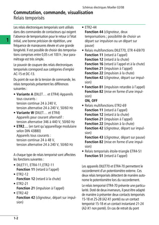 Schémas électriques Moeller 02/08
1-2
Commutation, commande, visualisation
1
Relais temporisés
Les relais électroniques temporisés sont utilisés
dans des commandes de contacteurs qui exigent
l'absence de temporisation pour le retour à l'état
initial, une bonne précision de répétition, une
fréquence de manœuvres élevée et une grande
longévité. Il est possible de choisir des temporisa-
tions comprises entre 0,05 s et 100 h ; leur para-
métrage est très simple.
Le pouvoir de coupure des relais électroniques
temporisés correspond aux catégories d'emploi
AC-15 et DC-13.
Du point de vue de la tension de commande, les
relais temporisés présentent les différences
suivantes :
• Variante A (DILET… et ETR4) Appareils
tous courants :
tension continue 24 à 240 V,
tension alternative 24 à 240 V, 50/60 Hz
• Variante W (DILET… et ETR4)
Appareils pour courant alternatif :
tension alternative 346 à 440 V, 50/60 Hz
• ETR2… (en tant qu'appareillage modulaire
selon DIN 43880)
Appareils tous courants :
tension continue 24 à 48 V,
tension alternative 24 à 240 V, 50/60 Hz
A chaque type de relais temporisé sont affectées
les fonctions suivantes :
• DILET11, ETR4-11,ETR2-11
Fonction 11 (retard à l'appel)
• ETR2-12
Fonction 12 (retard à la chute)
• ETR2-21
Fonction 21 (impulsion à l'appel)
• ETR2-42
Fonction 42 (clignoteur, départ sur impul-
sion)
• ETR2-44
Fonction 44 (clignoteur, deux
temporisations ; possibilité de choisir un
départ sur impulsion ou un départ sur
pause)
• Relais multifonctions DILET70, ETR 4-69/70
Fonction 11 (retard à l'appel)
Fonction 12 (retard à la chute)
Fonction 16 (retard à l'appel et à la chute)
Fonction 21 (impulsion à l'appel)
Fonction 22 (impulsion à la chute)
Fonction 42 (clignoteur, départ sur impul-
sion)
• Fonction 81 (impulsion retardée à l'appel)
Fonction 82 (mise en forme d'une impul-
sion)
ON, OFF
• Relais multifonctions ETR2-69
Fonction 11 (retard à l'appel)
Fonction 12 (retard à la chute)
Fonction 21 (impulsion à l'appel)
Fonction 22 (impulsion à la chute)
Fonction 42 (clignoteur, départ sur impul-
sion)
Fonction 43 (clignoteur, départ sur pause)
Fonction 82 (mise en forme d'une impul-
sion)
• Relais temporisés étoile-triangle ETR4-51
Fonction 51 (retard à l'appel)
Les appareils DILET70 et ETR4-70 permettent le
raccordement d'un potentiomètre externe. Ces
deux relais temporisés détectent de manière auto-
nome le potentiomètre lors du raccordement.
Le relais temporisé ETR4-70 présente une particu-
larité. Doté de deux inverseurs, il peut être adapté
de manière à présenter deux contacts temporisés
15-18 et 25-28 (A2-X1 ponté) ou un contact
temporisé 15-18 et un contact instantané 21-24
(A2-X1 non ponté). En cas de retrait du pont
 