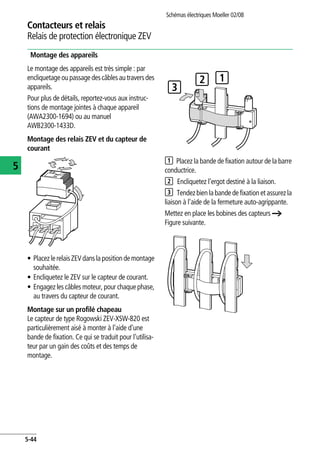 Contacteurs et relais
Relais de protection électronique ZEV
Schémas électriques Moeller 02/08
5-44
5
Montage des appareils
Le montage des appareils est très simple : par
encliquetageou passagedescâblesau traversdes
appareils.
Pour plus de détails, reportez-vous aux instruc-
tions de montage jointes à chaque appareil
(AWA2300-1694) ou au manuel
AWB2300-1433D.
Montage des relais ZEV et du capteur de
courant
• PlacezlerelaisZEVdanslapositiondemontage
souhaitée.
• Encliquetez le ZEV sur le capteur de courant.
• Engagez les câbles moteur, pour chaque phase,
au travers du capteur de courant.
Montage sur un profilé chapeau
Le capteur de type Rogowski ZEV-XSW-820 est
particulièrement aisé à monter à l'aide d'une
bande de fixation. Ce qui se traduit pour l'utilisa-
teur par un gain des coûts et des temps de
montage.
Placez la bande de fixation autour de la barre
conductrice.
Encliquetez l'ergot destiné à la liaison.
Tendezbien la bande de fixation et assurezla
liaison à l'aide de la fermeture auto-agrippante.
Mettez en place les bobines des capteurs a
Figure suivante.
112
3
1
2
3
 