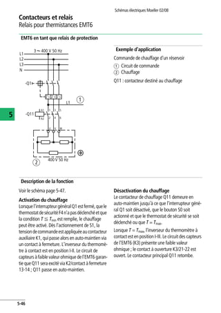 Contacteurs et relais
Relais pour thermistances EMT6
Schémas électriques Moeller 02/08
5-46
5
EMT6 en tant que relais de protection
Exemple d'application
Commande de chauffage d'un réservoir
a Circuit de commande
b Chauffage
Q11 : contacteur destiné au chauffage
Description de la fonction
Voir le schéma page 5-47.
Activation du chauffage
Lorsquel'interrupteurgénéralQ1estfermé,quele
thermostatdesécuritéF4n'apasdéclenchéetque
la condition T F Tmin est remplie, le chauffage
peut être activé. Dès l'actionnement de S1, la
tensiondecommandeestappliquéeaucontacteur
auxiliaire K1, qui passe alors en auto-maintien via
un contact à fermeture. L'inverseur du thermomè-
tre à contact est en position I-II. Le circuit de
capteurs à faible valeur ohmique de l'EMT6 garan-
tie que Q11 sera excité via K2/contact à fermeture
13-14 ; Q11 passe en auto-maintien.
Désactivation du chauffage
Le contacteur de chauffage Q11 demeure en
auto-maintien jusqu'à ce que l'interrupteur géné-
ral Q1 soit désactivé, que le bouton S0 soit
actionné et que le thermostat de sécurité se soit
déclenché ou que T = Tmax.
Lorsque T = Tmax, l'inverseur du thermomètre à
contact est en position I-III. Le circuit des capteurs
de l'EMT6 (K3) présente une faible valeur
ohmique ; le contact à ouverture K3/21-22 est
ouvert. Le contacteur principal Q11 retombe.
L1
3 400 V 50 Hz
L2
L3
N
-Q1
L1
-Q11
A2
A1 1 3 5
2 4 6
U V W
I > I > I >
400 V 50 Hz
b
a
 