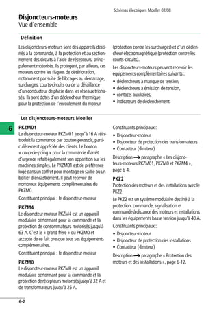 Schémas électriques Moeller 02/08
6-2
Disjoncteurs-moteurs
6
Vue d'ensemble
Définition
Les disjoncteurs-moteurs sont des appareils desti-
nés à la commande, à la protection et au section-
nement des circuits à l'aide de récepteurs, princi-
palementmotorisés.Ilsprotègent,parailleurs,ces
moteurs contre les risques de détérioration,
notamment par suite de blocages au démarrage,
surcharges, courts-circuits ou de la défaillance
d'un conducteur de phase dans les réseaux tripha-
sés. Ils sont dotés d'un déclencheur thermique
pour la protection de l'enroulement du moteur
(protection contre les surcharges) et d'un déclen-
cheur électromagnétique (protection contre les
courts-circuits).
Les disjoncteurs-moteurs peuvent recevoir les
équipements complémentaires suivants :
• déclencheurs à manque de tension,
• déclencheurs à émission de tension,
• contacts auxiliaires,
• indicateurs de déclenchement.
Les disjoncteurs-moteurs Moeller
PKZM01
Le disjoncteur-moteur PKZM01 jusqu'à 16 A réin-
troduit la commande par bouton-poussoir, parti-
culièrement appréciée des clients. Le bouton
« coup-de-poing » pour la commande d'arrêt
d'urgence refait également son apparition sur les
machines simples. Le PKZM01 est de préférence
logédansun coffret pour montageensaillieou un
boîtier d'encastrement. Il peut recevoir de
nombreux équipements complémentaires du
PKZM0.
Constituant principal : le disjoncteur-moteur
PKZM4
Le disjoncteur-moteur PKZM4 est un appareil
modulaire performant pour la commande et la
protection de consommateurs motorisés jusqu'à
63 A. C'est le « grand frère » du PKZM0 et
accepte de ce fait presque tous ses équipements
complémentaires.
Constituant principal : le disjoncteur-moteur
PKZM0
Le disjoncteur-moteur PKZM0 est un appareil
modulaire performant pour la commande et la
protectionderécepteursmotorisésjusqu'à32 Aet
de transformateurs jusqu'à 25 A.
Constituants principaux :
• Disjoncteur-moteur
• Disjoncteur de protection des transformateurs
• Contacteur (-limiteur)
Description a paragraphe « Les disjonc-
teurs-moteurs PKZM01, PKZM0 et PKZM4 »,
page 6-4.
PKZ2
Protection des moteurs et des installations avec le
PKZ2
Le PKZ2 est un système modulaire destiné à la
protection, commande, signalisation et
commande à distance des moteurs et installations
dans les équipements basse tension jusqu'à 40 A.
Constituants principaux :
• Disjoncteur-moteur
• Disjoncteur de protection des installations
• Contacteur (-limiteur)
Description a paragraphe « Protection des
moteurs et des installations », page 6-12.
 