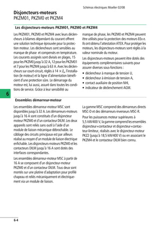 Schémas électriques Moeller 02/08
6-4
Disjoncteurs-moteurs
6
PKZM01, PKZM0 et PKZM4
Les disjoncteurs-moteurs PKZM01, PKZM0 et PKZM4
Les PKZM01, PKZM0 et PKZM4 avec leurs déclen-
cheurs à bilames dépendant du courant offrent
une solution technique éprouvée pour la protec-
tion moteur. Les déclencheurs sont sensibles au
manque de phase et compensés en température.
Les courants assignés sont divisés en plages, 15
pourlesPKZM0jusqu'à32 A,12pourlesPKZM01
et7pourlesPKZM4jusqu'à63 A.Aveclesdéclen-
cheurs sur court-circuit, réglés à 14 x Iu, l'installa-
tion (le moteur) et la ligne d'alimentation bénéfi-
cient d'une protection sûre. Le démarrage du
moteur est, lui aussi, assuré dans toutes les condi-
tions de service. Grâce à leur sensibilité au
manque de phase, les PKZM0 et PKZM4 peuvent
être utilisés pour la protection des moteurs EEx e.
Ilsontobtenul'attestationATEX.Pourprotégerles
moteurs, les disjoncteurs-moteurs sont réglés à la
valeur nominale du moteur.
Les disjoncteurs-moteurs peuvent être dotés des
équipements complémentaires suivants pour
assurer diverses sous-fonctions :
• déclencheur à manque de tension U,
• déclencheur à émisison de tension A,
• contact auxiliaire de position NHI,
• indicateur de déclenchement AGM.
Ensembles démarreur-moteur
Les ensembles démarreur-moteur MSC sont
disponiblesjusqu'à32 A.Lesdémarreurs-moteurs
jusqu'à 16 A sont constitués d'un disjoncteur
moteur PKZM0 et d'un contacteur DILM. Les deux
appareils sont reliés sans outil à l'aide d'un
module de liaison mécanique débrochable. Le
câblage des circuits principaux est par ailleurs
réaliséaumoyend'unmoduledeliaisonélectrique
enfichable.Lesdisjoncteurs-moteursPKZM0etles
contacteurs DILM jusqu'à 16 A sont dotés des
interfaces correspondantes.
Les ensembles démarreur-moteur MSC à partir de
16 A se composent d'un disjoncteur-moteur
PKZM0 et d'un contacteur DILM. Tous deux sont
montés sur une platine d'adaptation pour profilé
chapeau et reliés mécaniquement et électrique-
ment via un module de liaison.
La gamme MSC comprend des démarreurs directs
MSC-D et des démarreurs-inverseurs MSC-R.
Pour les puissances moteur supérieures à
5,5 kW/400 V,lagammecomprendlesensembles
disjoncteur+contacteur et disjoncteur+contac-
teur-limiteur, réalisés avec le disjoncteur-moteur
PKZ2 (jusqu'à 18,5 kW/400 V) ou en associant le
PKZM4 et le contacteur DILM bien connu.
 