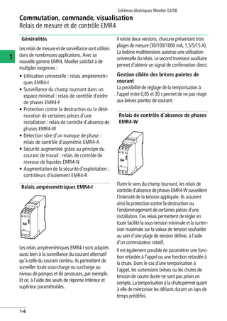 Schémas électriques Moeller 02/08
1-6
Commutation, commande, visualisation
1
Relais de mesure et de contrôle EMR4
Généralités
Lesrelaisdemesureet desurveillancesont utilisés
dans de nombreuses applications. Avec sa
nouvelle gamme EMR4, Moeller satisfait à de
multiples exigences :
• Utilisation universelle : relais ampèremétri-
ques EMR4-I
• Surveillance du champ tournant dans un
espace minimal : relais de contrôle d'ordre
de phases EMR4-F
• Protection contre la destruction ou la dété-
rioration de certaines pièces d'une
installation : relais de contrôle d'absence de
phases EMR4-W
• Détection sûre d'un manque de phase :
relais de contrôle d'asymétrie EMR4-A
• Sécurité augmentée grâce au principe du
courant de travail : relais de contrôle de
niveaux de liquides EMR4-N
• Augmentation de la sécurité d'exploitation :
contrôleurs d'isolement EMR4-R
Relais ampèremétriques EMR4-I
Les relais ampèremétriques EMR4-I sont adaptés
aussi bien à la surveillance du courant alternatif
qu'à celle du courant continu. Ils permettent de
surveiller toute sous-charge ou surcharge au
niveau de pompes et de perceuses, par exemple.
Et ce, à l'aide des seuils de réponse inférieur et
supérieur paramétrables.
Il existe deux versions, chacune présentant trois
plages de mesure (30/100/1000 mA, 1,5/5/15 A).
La bobine multitensions autorise une utilisation
universelle du relais. Le second inverseur auxiliaire
permet d'obtenir un signal de confirmation direct.
Gestion ciblée des brèves pointes de
courant
La possibilité de réglage de la temporisation à
l'appel entre 0,05 et 30 s permet de ne pas réagir
aux brèves pointes de courant.
Relais de contrôle d'absence de phases
EMR4-W
Outre le sens du champ tournant, les relais de
contrôled'absence de phases EMR4-W surveillent
l'intensité de la tension appliquée. Ils assurent
ainsi la protection contre la destruction ou
l'endommagement de certaines pièces d'une
installation. Ces relais permettent de régler en
toute facilité la sous-tension minimale et la surten-
sion maximale sur la valeur de tension souhaitée
au sein d'une plage de tension définie, à l'aide
d'un commutateur rotatif.
Il est également possible de paramétrer une fonc-
tion retardée à l'appel ou une fonction retardée à
la chute. Dans le cas d'une temporisation à
l'appel, les surtensions brèves ou les chutes de
tension de courte durée ne sont pas prises en
compte.La temporisation à la chute permet quant
à elle de mémoriser les défauts durant un laps de
temps prédéfini.
 