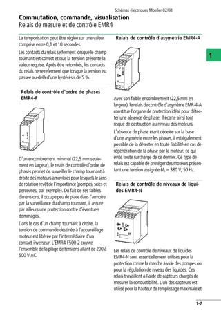 Commutation, commande, visualisation
Relais de mesure et de contrôle EMR4
Schémas électriques Moeller 02/08
1-7
1
La temporisation peut être réglée sur une valeur
comprise entre 0,1 et 10 secondes.
Les contacts du relais se ferment lorsque le champ
tournant est correct et que la tension présente la
valeur requise. Après être retombés, les contacts
durelaisneserefermentquelorsquelatensionest
passée au-delà d'une hystérésis de 5 %.
Relais de contrôle d'ordre de phases
EMR4-F
D'un encombrement minimal (22,5 mm seule-
ment en largeur), le relais de contrôle d'ordre de
phases permet de surveiller le champ tournant à
droitedesmoteursamoviblespourlesquelslesens
derotationrevêtdel'importance(pompes,scieset
perceuses, par exemple). Du fait de ses faibles
dimensions,iloccupepeudeplacedansl'armoire
par la surveillance du champ tournant, il assure
par ailleurs une protection contre d'éventuels
dommages.
Dans le cas d'un champ tournant à droite, la
tension de commande destinée à l'appareillage
moteur est libérée par l'intermédiaire d'un
contact-inverseur. L'EMR4-F500-2 couvre
l'ensemble de la plage de tensions allant de 200 à
500 V AC.
Relais de contrôle d'asymétrie EMR4-A
Avec son faible encombrement (22,5 mm en
largeur),lerelaisdecontrôled'asymétrieEMR-4-A
constitue l'organe de protection idéal pour détec-
ter une absence de phase. Il écarte ainsi tout
risque de destruction au niveau des moteurs.
L'absence de phase étant décelée sur la base
d'une asymétrie entre les phases, il est également
possible de la détecter en toute fiabilité en cas de
régénération de la phase par le moteur, ce qui
évite toute surcharge de ce dernier. Ce type de
relais est capable de protéger des moteurs présen-
tant une tension assignée Un = 380 V, 50 Hz.
Relais de contrôle de niveaux de liqui-
des EMR4-N
Les relais de contrôle de niveaux de liquides
EMR4-N sont essentiellement utilisés pour la
protection contre la marche à vide des pompes ou
pour la régulation de niveau des liquides. Ces
relais travaillent à l'aide de capteurs chargés de
mesurer la conductibilité. L'un des capteurs est
utilisépourlahauteurderemplissagemaximaleet
 