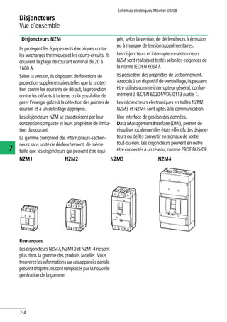 Schémas électriques Moeller 02/08
7-2
Disjoncteurs
7
Vue d'ensemble
Disjoncteurs NZM
Ils protègent les équipements électriques contre
les surcharges thermiques et les courts-circuits. Ils
couvrent la plage de courant nominal de 20 à
1600 A.
Selon la version, ils disposent de fonctions de
protection supplémentaires telles que la protec-
tion contre les courants de défaut, la protection
contre les défauts à la terre, ou la possibilité de
gérer l'énergie grâce à la détection des pointes de
courant et à un délestage approprié.
Les disjoncteurs NZM se caractérisent par leur
conception compacte et leurs propriétés de limita-
tion du courant.
La gamme comprend des interrupteurs-section-
neurs sans unité de déclenchement, de même
taille que les disjoncteurs qui peuvent être équi-
pés, selon la version, de déclencheurs à émission
ou à manque de tension supplémentaires.
Les disjoncteurs et interrupteurs-sectionneurs
NZM sont réalisés et testés selon les exigences de
la norme IEC/EN 60947.
Ils possèdent des propriétés de sectionnement.
Associésàundispositifdeverrouillage,ilspeuvent
être utilisés comme interrupteur général, confor-
mément à IEC/EN 60204/VDE 0113 partie 1.
Les déclencheurs électroniques en tailles NZM2,
NZM3 et NZM4 sont aptes à la communication.
Une interface de gestion des données,
Data Management Interface (DMI), permet de
visualiser localement les états effectifs des disjonc-
teurs ou de les convertir en signaux de sortie
tout-ou-rien. Les disjoncteurs peuvent en outre
êtreconnectésà un réseau, comme PROFIBUS-DP.
Remarques
LesdisjoncteursNZM7,NZM10etNZM14nesont
plus dans la gamme des produits Moeller. Vous
trouverezlesinformationssurcesappareilsdansle
présentchapitre.Ilssontremplacésparlanouvelle
génération de la gamme.
NZM1 NZM2 NZM3 NZM4
 