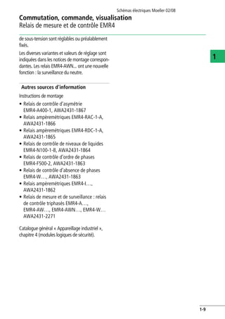 Commutation, commande, visualisation
Relais de mesure et de contrôle EMR4
Schémas électriques Moeller 02/08
1-9
1
de sous-tension sont réglables ou préalablement
fixés.
Les diverses variantes et valeurs de réglage sont
indiquées dans les notices de montage correspon-
dantes. Les relais EMR4-AWN... ont une nouvelle
fonction : la surveillance du neutre.
Autres sources d'information
Instructions de montage
• Relais de contrôle d'asymétrie
EMR4-A400-1, AWA2431-1867
• Relais ampèremétriques EMR4-RAC-1-A,
AWA2431-1866
• Relais ampèremétriques EMR4-RDC-1-A,
AWA2431-1865
• Relais de contrôle de niveaux de liquides
EMR4-N100-1-B, AWA2431-1864
• Relais de contrôle d'ordre de phases
EMR4-F500-2, AWA2431-1863
• Relais de contrôle d'absence de phases
EMR4-W…, AWA2431-1863
• Relais ampèremétriques EMR4-I…,
AWA2431-1862
• Relais de mesure et de surveillance : relais
de contrôle triphasés EMR4-A…,
EMR4-AW…, EMR4-AWN…, EMR4-W…
AWA2431-2271
Catalogue général « Appareillage industriel »,
chapitre 4 (modules logiques de sécurité).
 