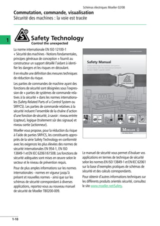 Schémas électriques Moeller 02/08
1-10
Commutation, commande, visualisation
1
Sécurité des machines : la voie est tracée
La norme internationale EN ISO 12100-1
« Sécuritédesmachines-Notionsfondamentales,
principes généraux de conception » fournit au
constructeur un support détaillé l'aidant à identi-
fier les dangers et les risques en découlant.
Ilenrésulteunedéfinitiondesmesurestechniques
de réduction du risque.
Les parties de commandes de machine ayant des
fonctions de sécurité sont désignées sous l'expres-
sion de « parties de systèmes de commande rela-
tives à la sécurité » dans les normes internationa-
les (Safety-Related Parts of a Control System ou
SRP/CS). Les parties de commande relatives à la
sécurité incluent l'ensemble de la chaîne d'action
d'unefonctiondesécurité,àsavoir :niveau entrée
(capteur), logique (traitement sûr des signaux) et
niveau sortie (actionneur).
Moeller vous propose, pour la réduction du risque
à l'aide de parties SRP/CS, les constituants appro-
priés de la série Safety Technology en conformité
avec les exigences les plus élevées des normes de
sécurité internationales EN 954-1, EN ISO
13849-1etENIEC62061/61508.Lesfonctionsde
sécurité adéquates sont mises en œuvre selon le
secteur et le niveau de prévention requis.
Pour de plus amples informations sur les normes
internationales - normes en vigueur jusqu'à
présent et nouvelles normes - ainsi que sur les
schémas de sécurité correspondant à diverses
applications, reportez-vous au nouveau manuel
de sécurité de Moeller TB0200-009.
Le manuel de sécurité vous permet d'évaluer vos
applications en termes de technique de sécurité
selonlesnormesENISO13849-1etENIEC62061
sur la base d'exemples pratiques de schémas de
sécurité et des calculs correspondants.
Pour obtenir d'autres informations techniques sur
les différents produits orientés sécurité, consultez
le site www.moeller.net/Safety.
 
