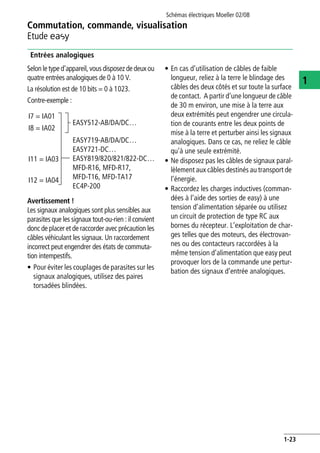 Commutation, commande, visualisation
Etude E
Schémas électriques Moeller 02/08
1-23
1
Entrées analogiques
Selon le type d'appareil, vous disposez de deux ou
quatre entrées analogiques de 0 à 10 V.
La résolution est de 10 bits = 0 à 1023.
Contre-exemple :
Avertissement !
Les signaux analogiques sont plus sensibles aux
parasites que les signaux tout-ou-rien : il convient
donc de placer et de raccorder avec précaution les
câbles véhiculant les signaux. Un raccordement
incorrect peut engendrer des états de commuta-
tion intempestifs.
• Pour éviter les couplages de parasites sur les
signaux analogiques, utilisez des paires
torsadées blindées.
• En cas d’utilisation de câbles de faible
longueur, reliez à la terre le blindage des
câbles des deux côtés et sur toute la surface
de contact. A partir d’une longueur de câble
de 30 m environ, une mise à la terre aux
deux extrémités peut engendrer une circula-
tion de courants entre les deux points de
mise à la terre et perturber ainsi les signaux
analogiques. Dans ce cas, ne reliez le câble
qu’à une seule extrémité.
• Ne disposez pas les câbles de signaux paral-
lèlement aux câbles destinés au transport de
l’énergie.
• Raccordez les charges inductives (comman-
dées à l’aide des sorties de easy) à une
tension d’alimentation séparée ou utilisez
un circuit de protection de type RC aux
bornes du récepteur. L’exploitation de char-
ges telles que des moteurs, des électrovan-
nes ou des contacteurs raccordées à la
même tension d’alimentation que easy peut
provoquer lors de la commande une pertur-
bation des signaux d’entrée analogiques.
I7 = IA01
I8 = IA02
I11 = IA03
EASY512-AB/DA/DC…
EASY719-AB/DA/DC…
EASY721-DC…
EASY819/820/821/822-DC…
MFD-R16, MFD-R17,
MFD-T16, MFD-TA17
EC4P-200
I12 = IA04
 
