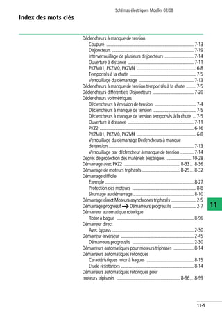 Index des mots clés
Schémas électriques Moeller 02/08
11-5
11
Déclencheurs à manque de tension
Coupure ..............................................................................7-13
Disjoncteurs .........................................................................7-19
Interverrouillage de plusieurs disjoncteurs ..........................7-14
Ouverture à distance ...........................................................7-11
PKZM01, PKZM0, PKZM4 .....................................................6-8
Temporisés à la chute ...........................................................7-5
Verrouillage du démarrage .................................................7-13
Déclencheurs à manque de tension temporisés à la chute .........7-5
Déclencheurs différentiels Disjoncteurs .....................................7-20
Déclencheurs voltmétriques
Déclencheurs à émission de tension .....................................7-4
Déclencheurs à manque de tension ......................................7-5
Déclencheurs à manque de tension temporisés à la chute ...7-5
Ouverture à distance ...........................................................7-11
PKZ2 ....................................................................................6-16
PKZM01, PKZM0, PKZM4 .....................................................6-8
Verrouillage du démarrage Déclencheurs à manque
de tension ............................................................................7-13
Verrouillage par déclencheur à manque de tension ............7-14
Degrés de protection des matériels électriques ......................10-28
Démarrage avec PKZ2 ..................................................8-33…8-36
Démarrage de moteurs triphasés ..................................8-25…8-32
Démarrage difficile
Exemple ...............................................................................8-27
Protection des moteurs .........................................................8-8
Shuntage au démarrage ......................................................8-10
Démarrage direct Moteurs asynchrones triphasés ......................2-5
Démarrage progressif a Démarreurs progressifs .....................2-7
Démarreur automatique rotorique
Rotor à bague .....................................................................8-96
Démarreur direct
Avec bypass .........................................................................2-30
Démarreur-inverseur .................................................................2-45
Démarreurs progressifs .......................................................2-30
Démarreurs automatiques pour moteurs triphasés ..................8-14
Démarreurs automatiques rotoriques
Caractéristiques rotor à bagues ..........................................8-15
Etude résistances .................................................................8-14
Démarreurs automatiques rotoriques pour
moteurs triphasés .........................................................8-96…8-99
 
