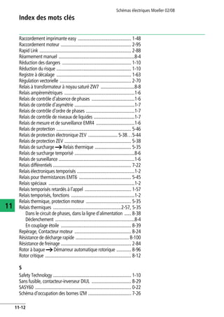 Index des mots clés
Schémas électriques Moeller 02/08
11-12
11
Raccordement imprimante easy ............................................... 1-48
Raccordement moteur .............................................................. 2-95
Rapid Link ................................................................................. 2-88
Réarmement manuel ...................................................................8-4
Réduction des dangers ............................................................. 1-10
Réduction du risque .................................................................. 1-10
Registre à décalage .................................................................. 1-63
Régulation vectorielle ............................................................... 2-70
Relais à transformateur à noyau saturé ZW7 ..............................8-8
Relais ampèremétriques ..............................................................1-6
Relais de contrôle d'absence de phases ......................................1-6
Relais de contrôle d'asymétrie .....................................................1-7
Relais de contrôle d'ordre de phases ...........................................1-7
Relais de contrôle de niveaux de liquides ....................................1-7
Relais de mesure et de surveillance EMR4 ..................................1-6
Relais de protection .................................................................. 5-46
Relais de protection électronique ZEV .......................... 5-38…5-44
Relais de protection ZEV ........................................................... 5-38
Relais de surcharge a Relais thermique ................................ 5-35
Relais de surcharge temporisé .....................................................8-6
Relais de surveillance ...................................................................1-6
Relais différentiels ..................................................................... 7-22
Relais électroniques temporisés ...................................................1-2
Relais pour thermistances EMT6 .............................................. 5-45
Relais spéciaux ............................................................................1-2
Relais temporisés retardés à l’appel ......................................... 1-57
Relais temporisés, fonctions ........................................................1-2
Relais thermique, protection moteur ........................................ 5-35
Relais thermiques ............................................................2-57, 5-35
Dans le circuit de phases, dans la ligne d'alimentation ...... 8-38
Déclenchement ......................................................................8-4
En couplage étoile .............................................................. 8-39
Repérage, Contacteur moteur .................................................. 8-24
Résistance de décharge rapide ............................................... 8-100
Résistance de freinage .............................................................. 2-84
Rotor à bague a Démarreur automatique rotorique ............. 8-96
Rotor critique ............................................................................ 8-12
S
Safety Technology ..................................................................... 1-10
Sans fusible, contacteur-inverseur DIUL ................................... 8-29
SASY60 ..................................................................................... 0-22
Schéma d'occupation des bornes IZM ...................................... 7-26
 