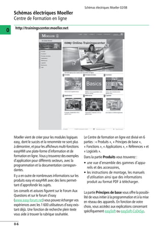 Schémas électriques Moeller 02/08
0-6
Schémas électriques Moeller
0
Centre de Formation en ligne
http://trainingscenter.moeller.net
Moeller vient de créer pour les modules logiques
easy, dont le succès et la renommée ne sont plus
à démontrer,et pour lesafficheursmulti-fonctions
easyHMI une plate-forme d’information et de
formationenligne.Vousytrouverezdesexemples
d’application pour différents secteurs, avec la
programmation et la documentation correspon-
dantes.
Il y a en outre de nombreuses informations sur les
produits easy et easyHMI avec des liens permet-
tant d’approfondir les sujets.
Les conseils et astuces figurent sur le Forum Aux
Questions et sur le forum d’easy
(www.easy-forum.net) vous pouvez échanger vos
expériences avec les 1 600 utilisateurs d’easy exis-
tant déjà. Une fonction de recherche plein texte
vous aide à trouver la rubrique souhaitée.
Le Centre de formation en ligne est divisé en 6
parties : « Produits », « Principes de base »,
« Fonctions », « Applications »,« Références » et
« Logiciels ».
Dans la partie Produits vous trouverez :
• une vue d’ensemble des gammes d’appa-
reils et des accessoires,
• les instructions de montage, les manuels
d’utilisation ainsi que des informations
produit au format PDF à télécharger.
La partie Principes de base vous offre la possibi-
lité de vous initier à la programmation et à la mise
en réseau des appareils. En fonction de votre
choix, vous accédez aux explications concernant
spécifiquement easySoft ou easySoft-CoDeSys.
 