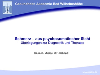 Schmerz – aus psychosomatischer Sicht Überlegungen zur Diagnostik und Therapie Gesundheits Akademie Bad Wilhelmshöhe Dr. med. Michael D.F. Schmidt 