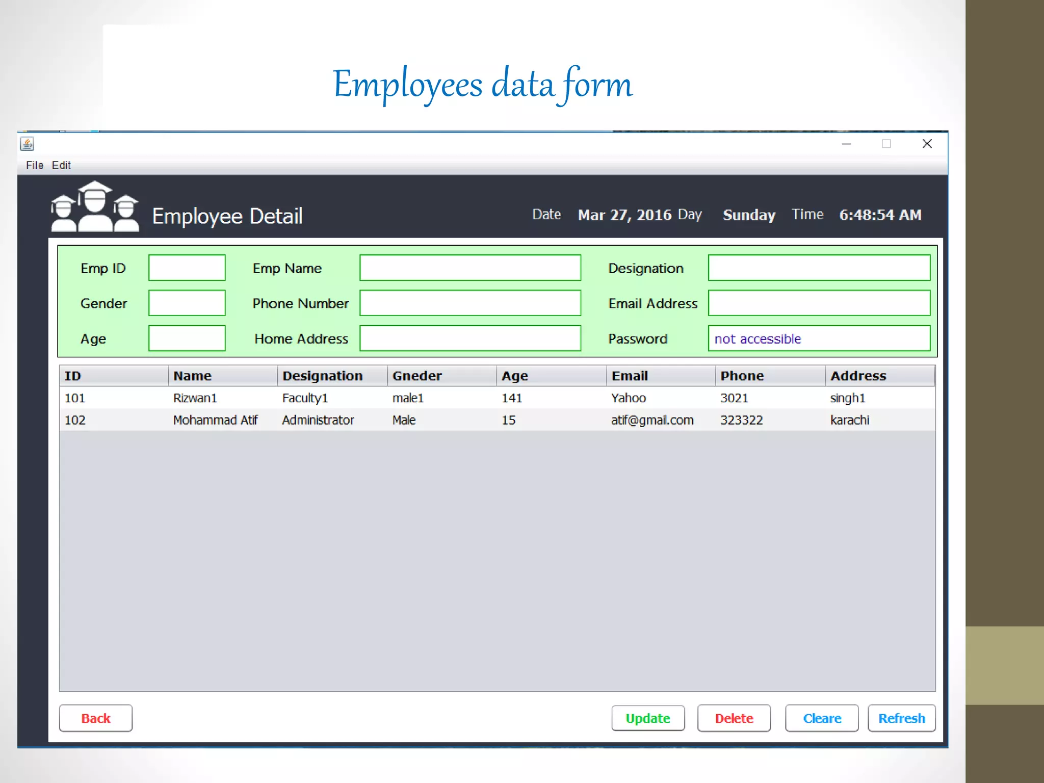 Employees data form
 
