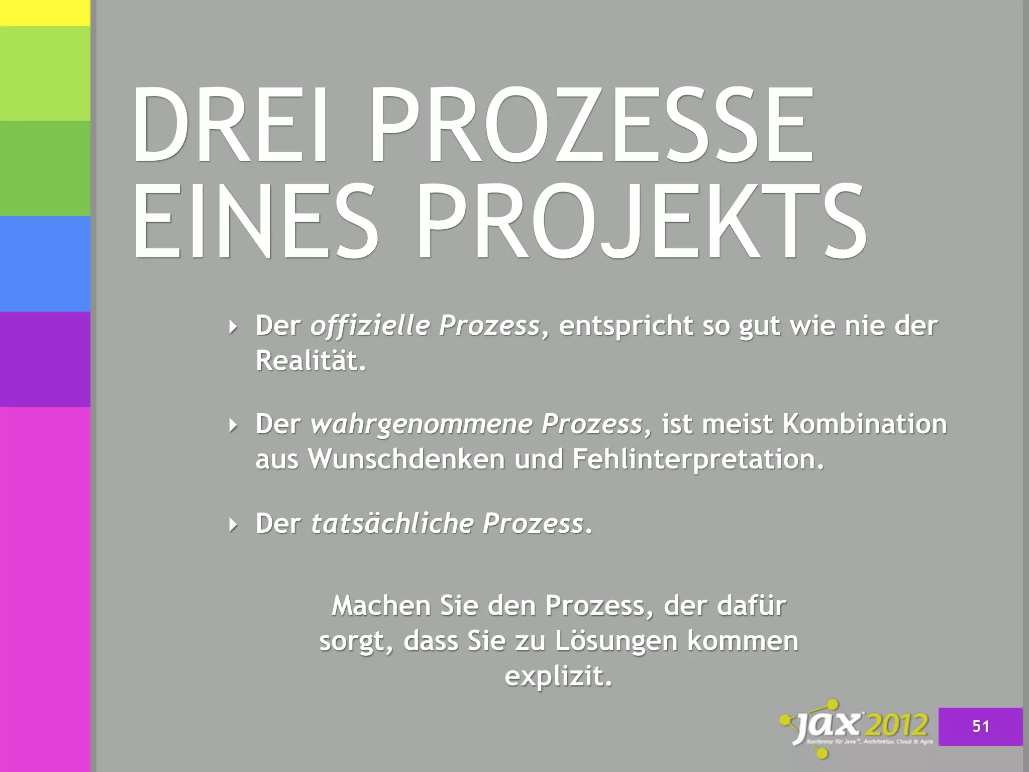 DREI PROZESSE
EINES PROJEKTS
 ‣ Der offizielle Prozess, entspricht so gut wie nie der
   Realität.

 ‣ Der wahrgenommene Prozess, ist meist Kombination
   aus Wunschdenken und Fehlinterpretation.

 ‣ Der tatsächliche Prozess.


         Machen Sie den Prozess, der dafür
        sorgt, dass Sie zu Lösungen kommen
                       explizit.
                                                           51
 