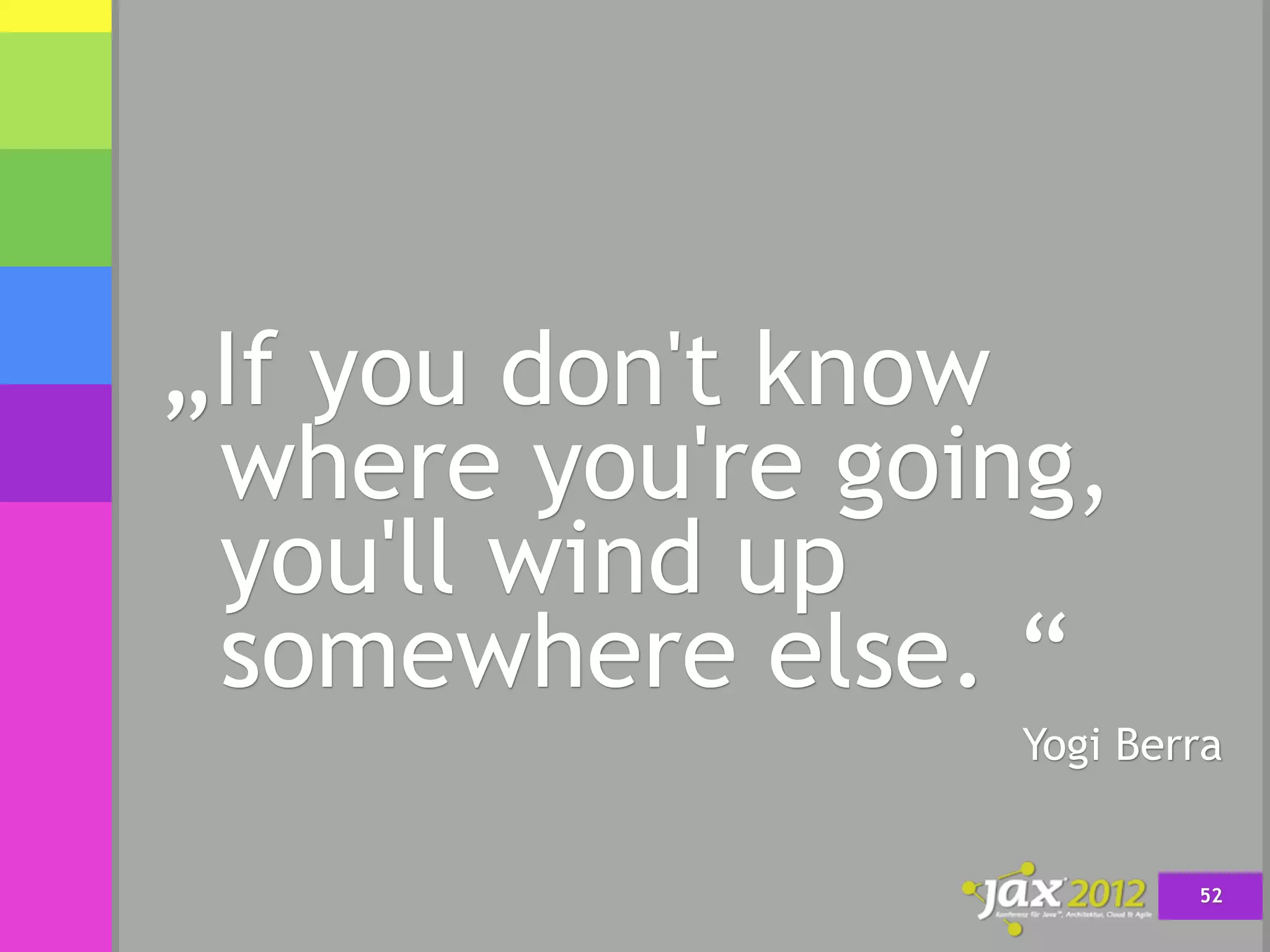 „If you don't know
 where you're going,
 you'll wind up
 somewhere else. “
                  Yogi Berra


                          52
 