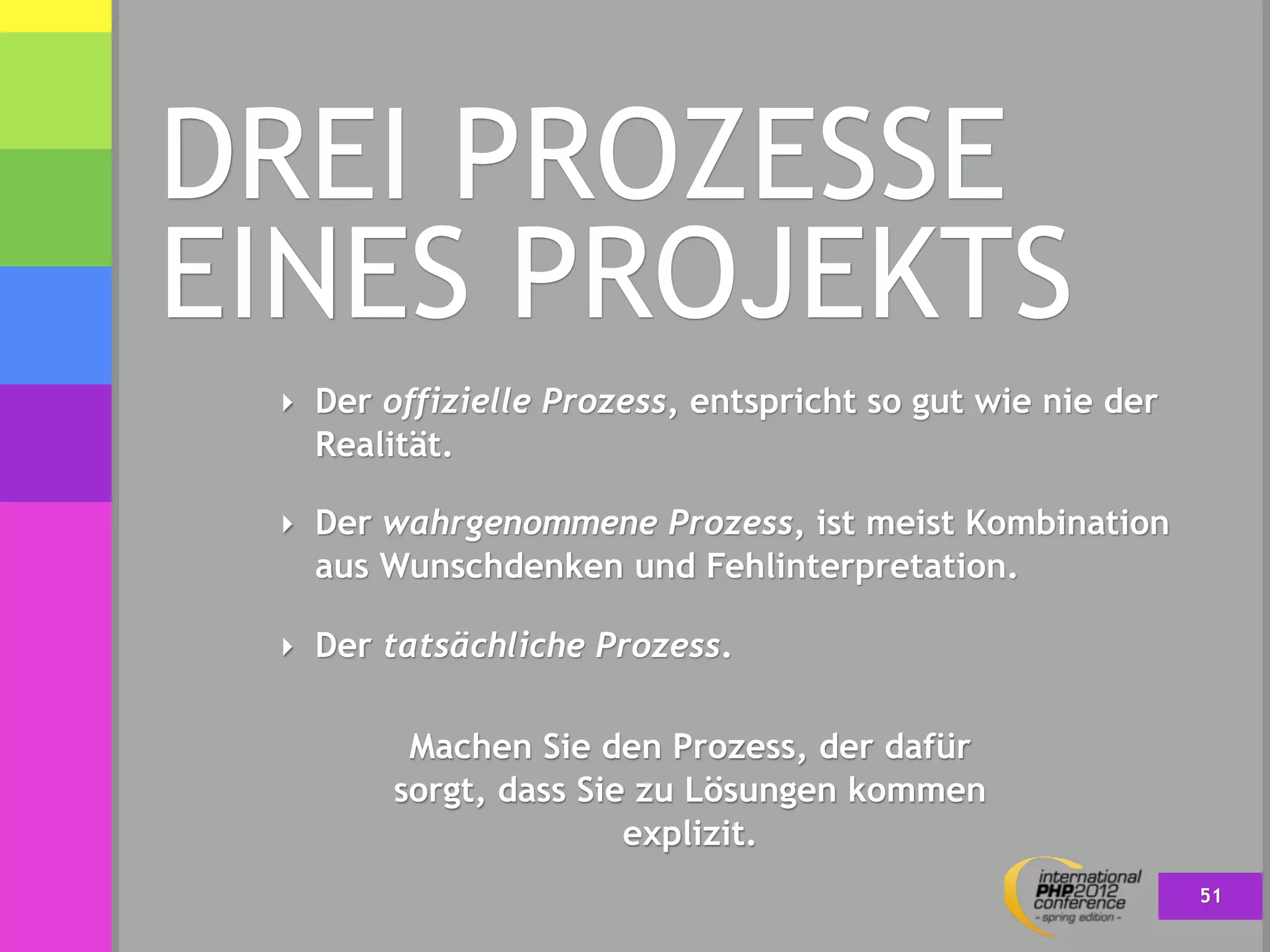 DREI PROZESSE
EINES PROJEKTS
 ‣ Der offizielle Prozess, entspricht so gut wie nie der
   Realität.

 ‣ Der wahrgenommene Prozess, ist meist Kombination
   aus Wunschdenken und Fehlinterpretation.

 ‣ Der tatsächliche Prozess.


         Machen Sie den Prozess, der dafür
        sorgt, dass Sie zu Lösungen kommen
                       explizit.
                                                           51
 