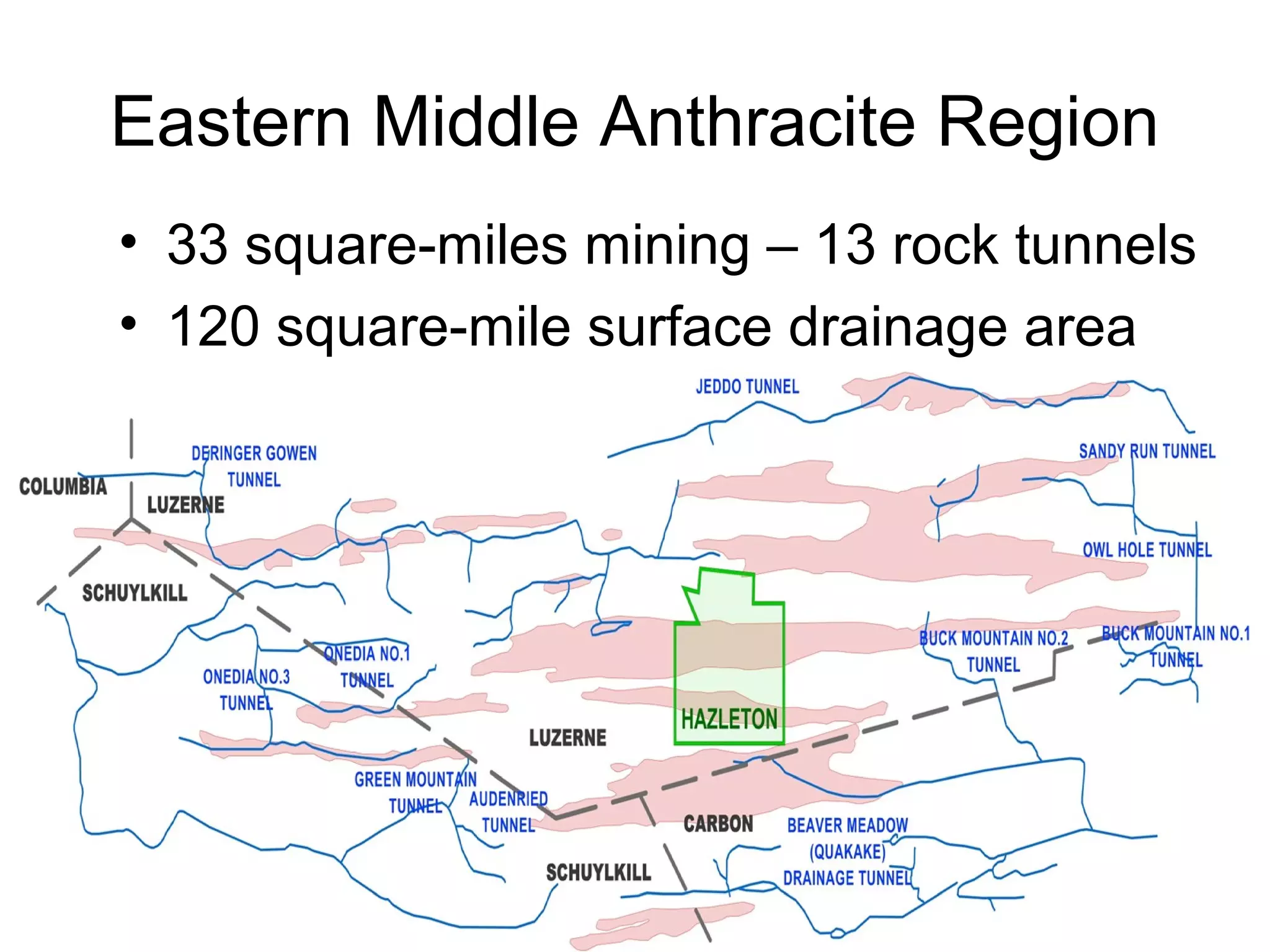 Eastern Middle Anthracite Region
• 33 square-miles mining – 13 rock tunnels
• 120 square-mile surface drainage area
• Spans Carbon, Columbia, Luzerne, and
Schuylkill Counties
 