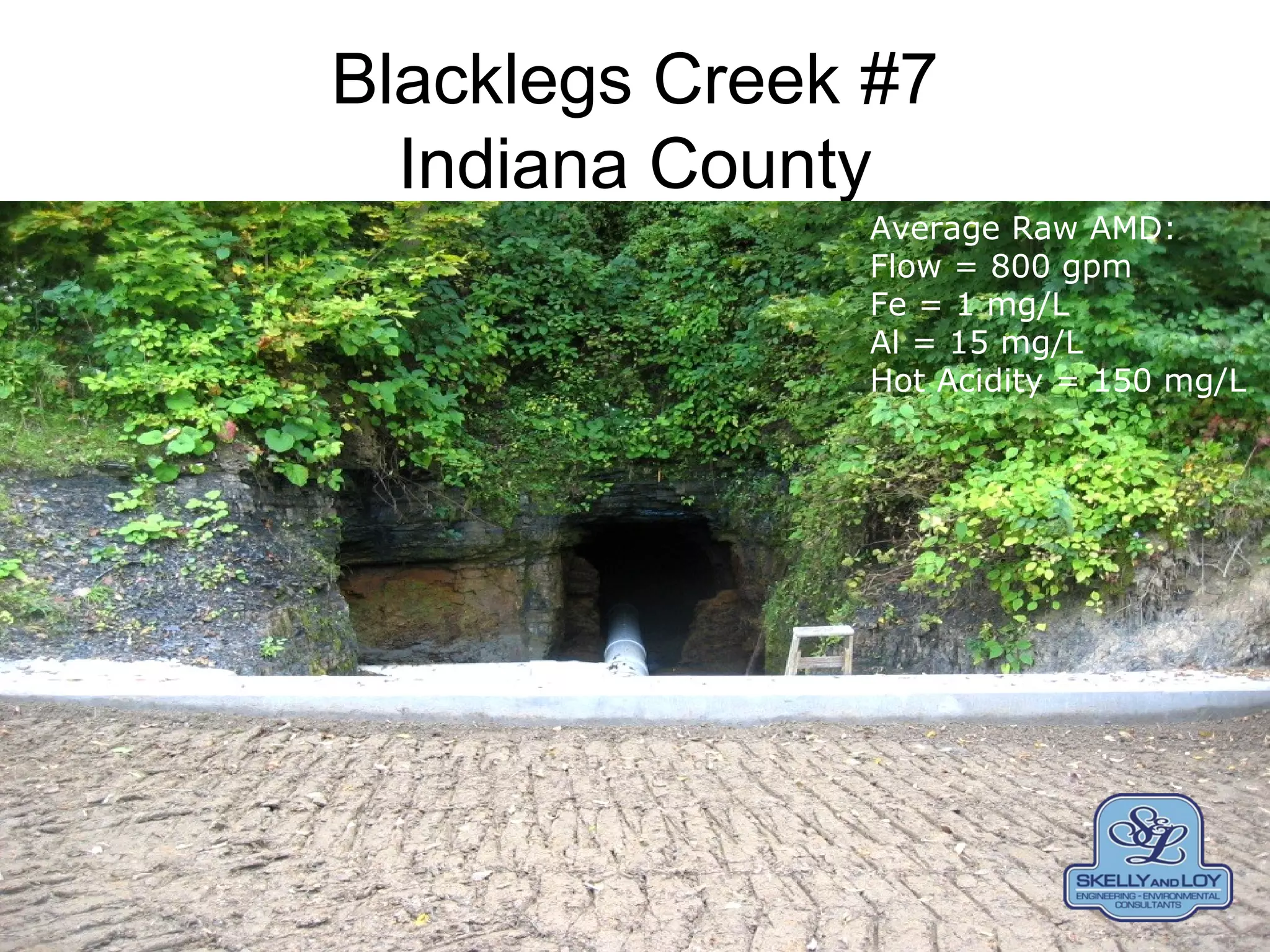 Blacklegs Creek #7
Indiana County
Average Raw AMD:
Flow = 800 gpm
Fe = 1 mg/L
Al = 15 mg/L
Hot Acidity = 150 mg/L
 
