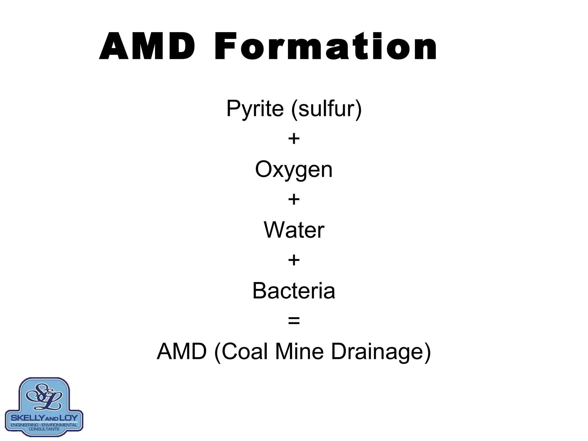 AMD Formation
Pyrite (sulfur)
+
Oxygen
+
Water
+
Bacteria
=
AMD (Coal Mine Drainage)
 