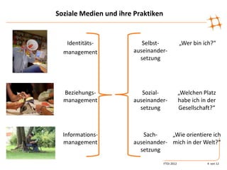 Soziale Medien und ihre Praktiken


   Identitäts-            Selbst-               „Wer bin ich?“
  management           auseinander-
                         setzung




  Beziehungs-             Sozial-               „Welchen Platz
  management           auseinander-             habe ich in der
                         setzung                Gesellschaft?“



  Informations-           Sach-     „Wie orientiere ich
  management           auseinander- mich in der Welt?“
                         setzung

                                    FTOJ 2012              4 von 12
 