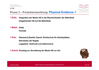 Phase 3 – Produktentwicklung: Ph i l E id
                              Physical Evidence 1
  Ziele: Integration der Marke HS in die Räumlichkeiten der Bibliothek
                Imagetransfer HS auf die Bibliothek


  Mittel: Zitate
  Mitt l Zit t
                Porträts


  Orte:         Glaswand (Zweiter Zweck: Sichtschutz für Arbeitsplätze)
                Stirnseiten der Regale
                Lagepläne: Gedruckt und elektronisch


  Zweck: Einstieg zur Vermittlung der Marke HS vor Ort




© UB HSU 2009                    Werner Tannhof: Schmidt Revisited, CC BY-NC-ND 3.0   Folie 31
 