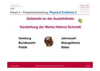 Phase 3 – Produktentwicklung: Ph i l E id
                              Physical Evidence 3

                    Zeitstrahl an der Ausleihtheke

                Darstellung der Marke Helmut Schmidt


            Hamburg                                                  Jahreszahl
            Bundeswehr                                               Bezugsthema
            Politik                                                  Bilder




© UB HSU 2009            Werner Tannhof: Schmidt Revisited, CC BY-NC-ND 3.0        Folie 34
 