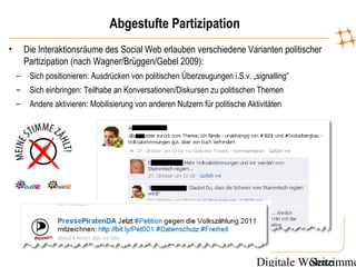 Digitale WohnzimmeSeite
Abgestufte Partizipation
• Die Interaktionsräume des Social Web erlauben verschiedene Varianten politischer
Partizipation (nach Wagner/Brüggen/Gebel 2009):
– Sich positionieren: Ausdrücken von politischen Überzeugungen i.S.v. „signalling“
– Sich einbringen: Teilhabe an Konversationen/Diskursen zu politischen Themen
– Andere aktivieren: Mobilisierung von anderen Nutzern für politische Aktivitäten
 