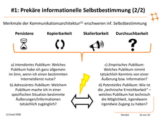 #1: Prekäre informationelle Selbstbestimmung (2/2)

Merkmale der Kommunikationsarchitektur(1) erschweren inf. Selbstbestimmung

         Persistenz      Kopierbarkeit   Skalierbarkeit     Durchsuchbarkeit


                                                               
     a) Intendiertes Publikum: Welches                c) Empirisches Publikum:
     Publikum habe ich ganz allgemein                Welches Publikum nimmt
   im Sinn, wenn ich einen bestimmten             tatsächlich Kenntnis von einer
            Internetdienst nutze?                  Äußerung bzw. Information?
    b) Adressiertes Publikum: Welchem            d) Potentielles Publikum: Wie ist
        Publikum mache ich in einer              die „technische Erreichbarkeit” –
     spezifischen Situation bestimmte            welches Publikum hat technisch
         Äußerungen/Informationen                  die Möglichkeit, irgendwann
           tatsächlich zugänglich?                 irgendwie Zugang zu haben?

 (1) boyd 2008                                                 Stendal    16 von 24
 